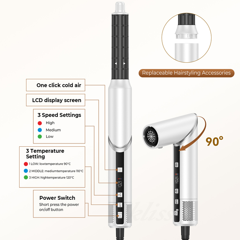 빠른 건조 8인 1 프로 Hot Air Hair Dryer Brush 자동 랩 컬러와 2M 전원 코드 1500W 멀티 스타일러