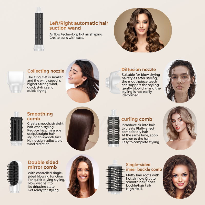 빠른 건조 8인 1 프로 Hot Air Hair Dryer Brush 자동 랩 컬러와 2M 전원 코드 1500W 멀티 스타일러