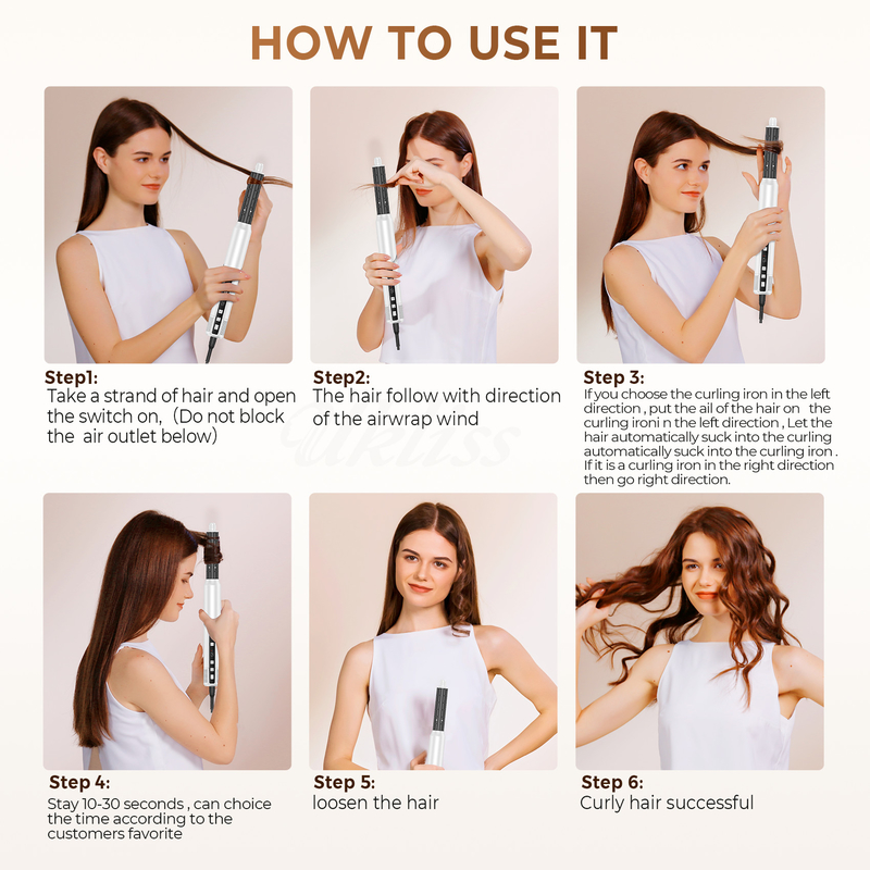 빠른 건조 8인 1 프로 Hot Air Hair Dryer Brush 자동 랩 컬러와 2M 전원 코드 1500W 멀티 스타일러